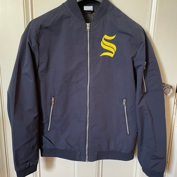 Jack & Jones Blue Men's Bomber Jacket, Size L - Picture 2 of 8